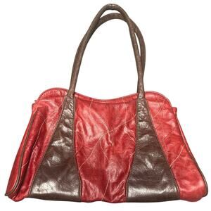 Vintage Bid & Liney Red Brown Leather Shoulder Bag Quilted Tote 1970s 1980s